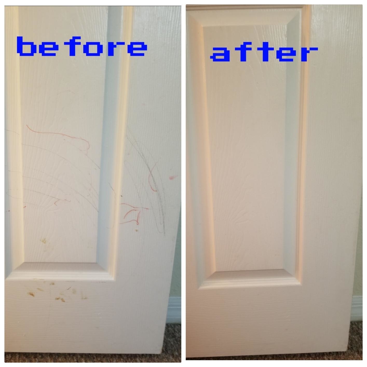 Reviewer&#x27;s photo collage of a white door before and after using the magic cleaning pad