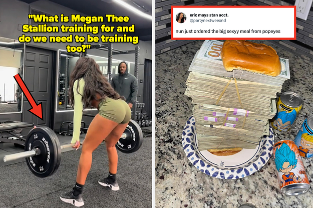 "What is Megan Thee Stallion training for and do we need to be training too?" with rapper lifting weighs and on the right is a stack of money with two pieces of bread and tweet "nun just ordered the big sexyy meal from popeyes"
