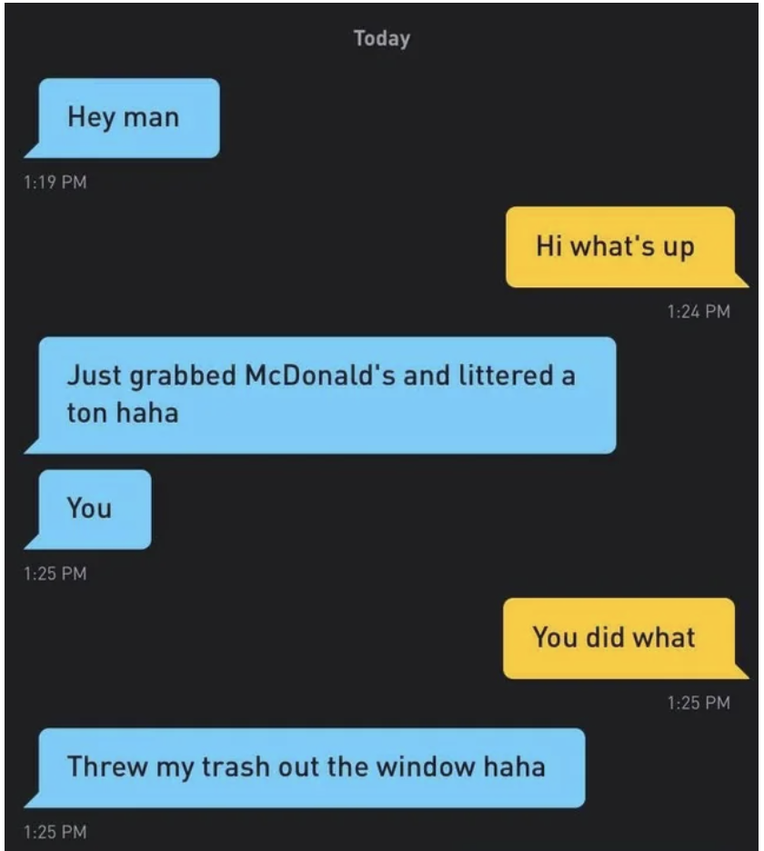 Someone asks what&#x27;s up and the other person replies &quot;Just grabbed McDonald&#x27;s and littered a ton, threw my trash out of the window, haha&quot;