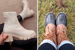 white sweater leg platform boot on the left and duck boots on the right