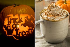 On the left, a jack o lantern with two ghosts and the words trick or treat carved into it, and on the right, a pumpkin spice latte in a mug