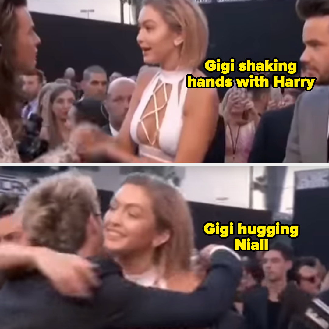 gigi shaking hands with harry and then hugging niall