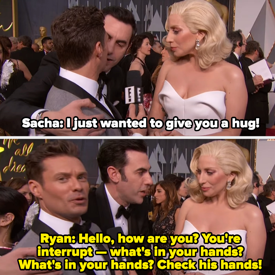 sacha hugging ryan and interrupting his interview with lady gaga