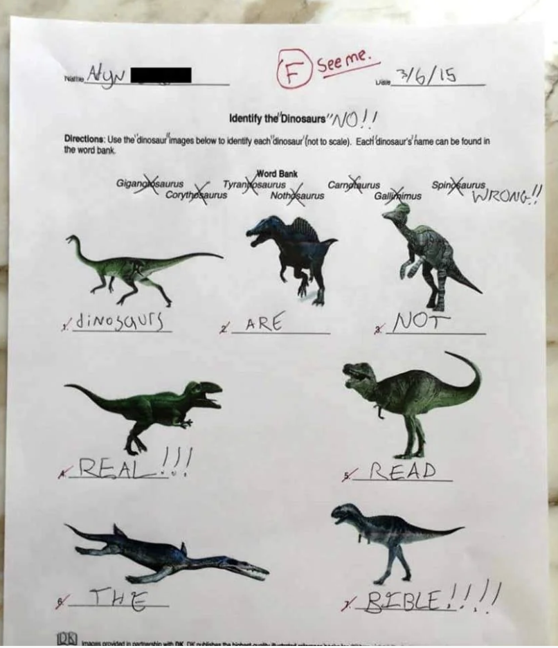 A child's test has pictures of dinosaurs and asks the student to identify them; the answers below the dinosaurs say "dinosaurs are not real, read the Bible"