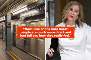 NYC Subway station, Catherine O'Hara in Schitt's Creek, text: "Now I live on the East Coast, people are much more direct and just tell you how they really feel."