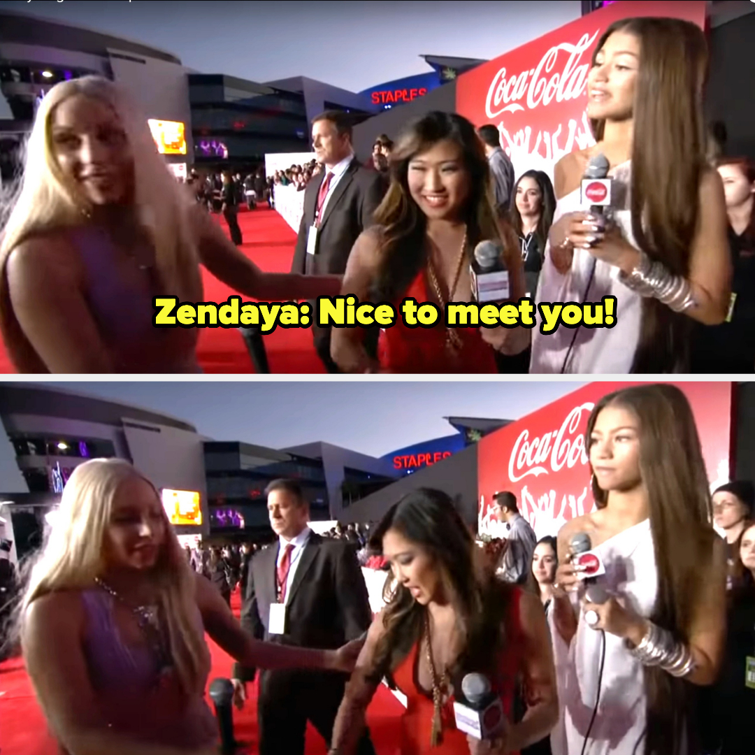 lady gaga, zendaya and another reporter on the red carpet