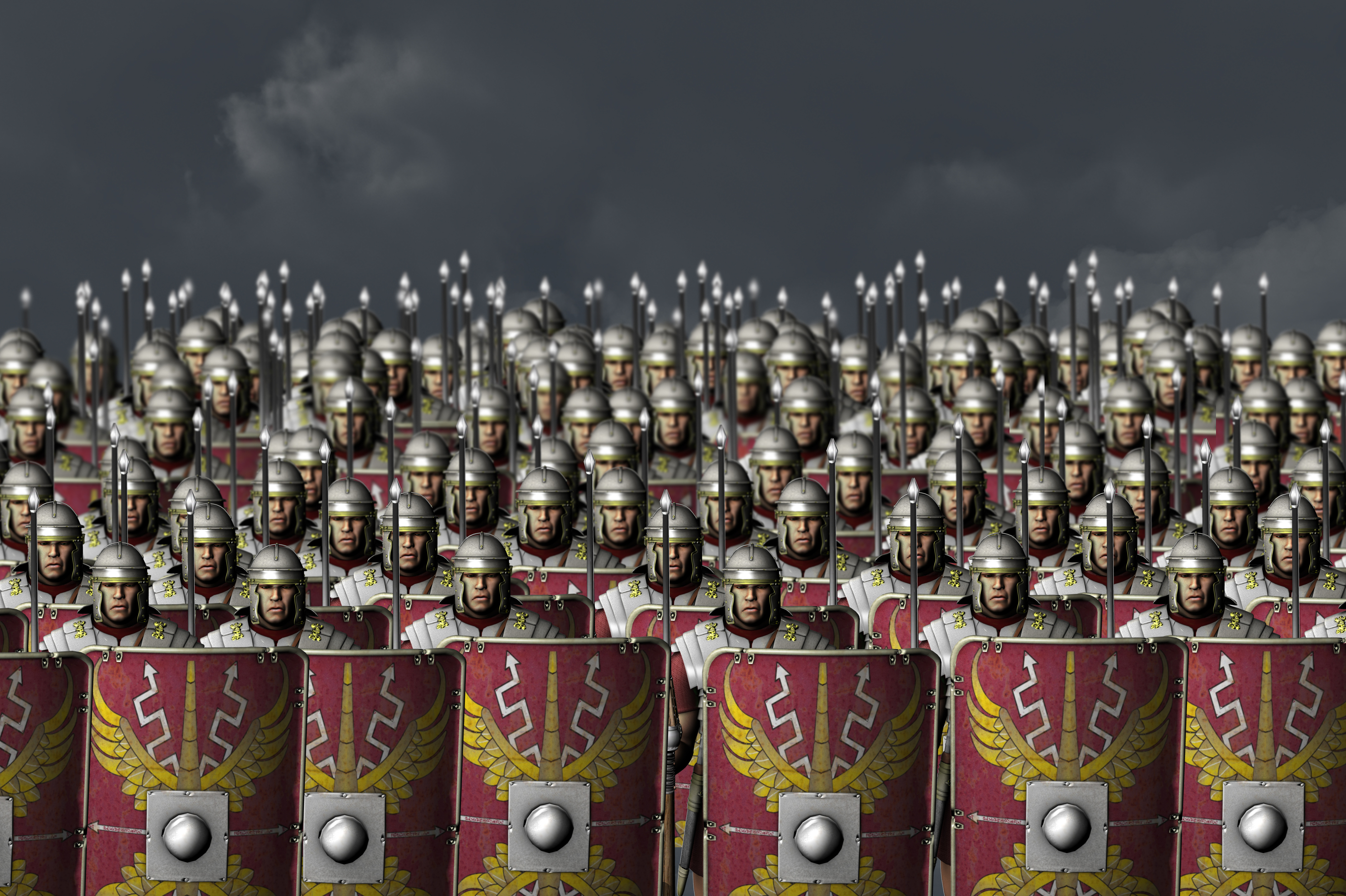 Soldiers ready for battle with their shields and spears