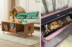 open coffee table with a pet bed area / reviewer's pink velvet ottoman bench open to show shoe storage