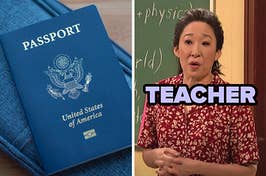 On the left, a passport on top of a suitcase, and on the right, Sandra Oh standing in front of a chalkboard in an SNL sketch with teacher typed under her chin