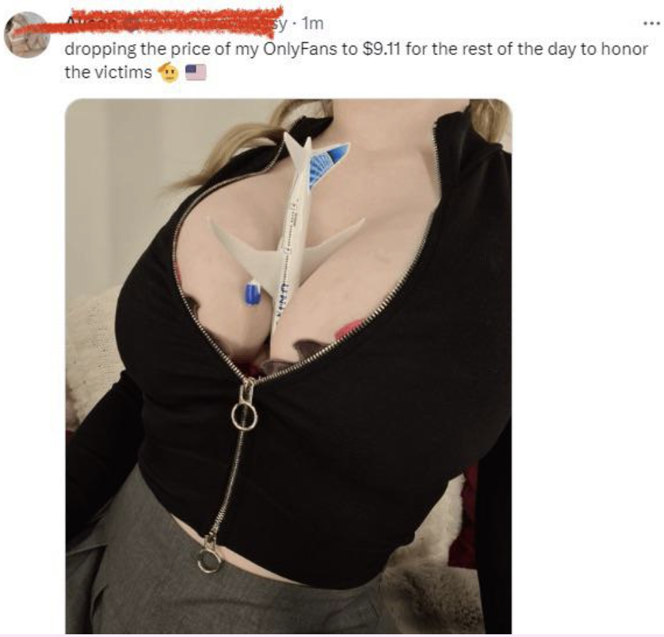 The picture says the user is dropping the price of her OnlyFans to $9.11, and the image includes a toy plane placed in her cleavage