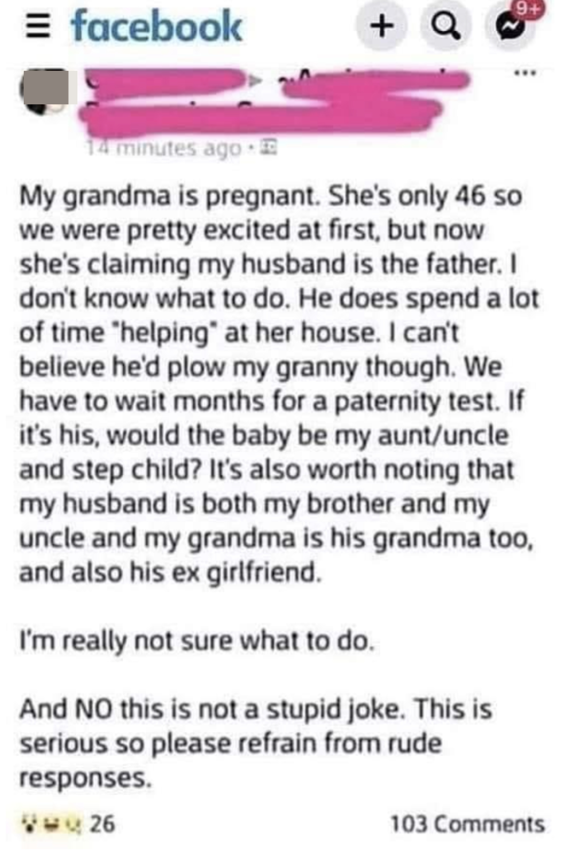 A Facebook post claiming that the user&#x27;s husband got her grandmother pregnant