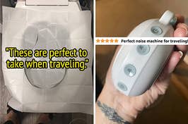 a flushable toilet seat cover and text that reads "These are perfect to take when traveling"; a hand holding a white noise machine and text that reads "perfect noise machine for traveling"