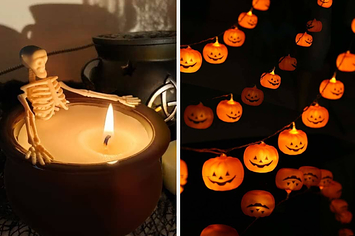 on the left a candle that looks like a skeleton bathing in a cauldron, on the right pumpkin string lights