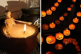 on the left a candle that looks like a skeleton bathing in a cauldron, on the right pumpkin string lights