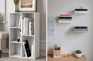 white bookshelf, hanging bookshelves
