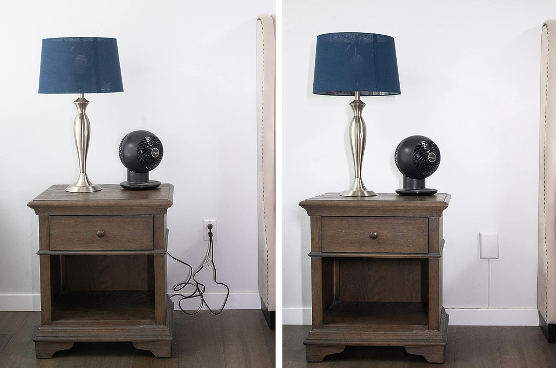 a before and after photo of a nightstand with and without the sleek socket outlet concealer
