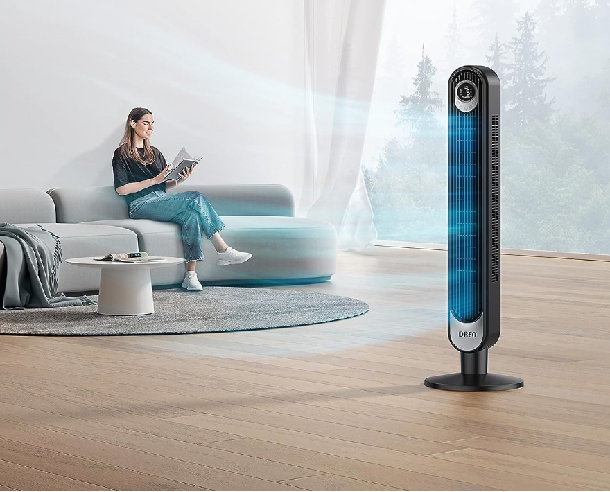 a commercial photo of a tower fan blowing blue lines to represent the wind