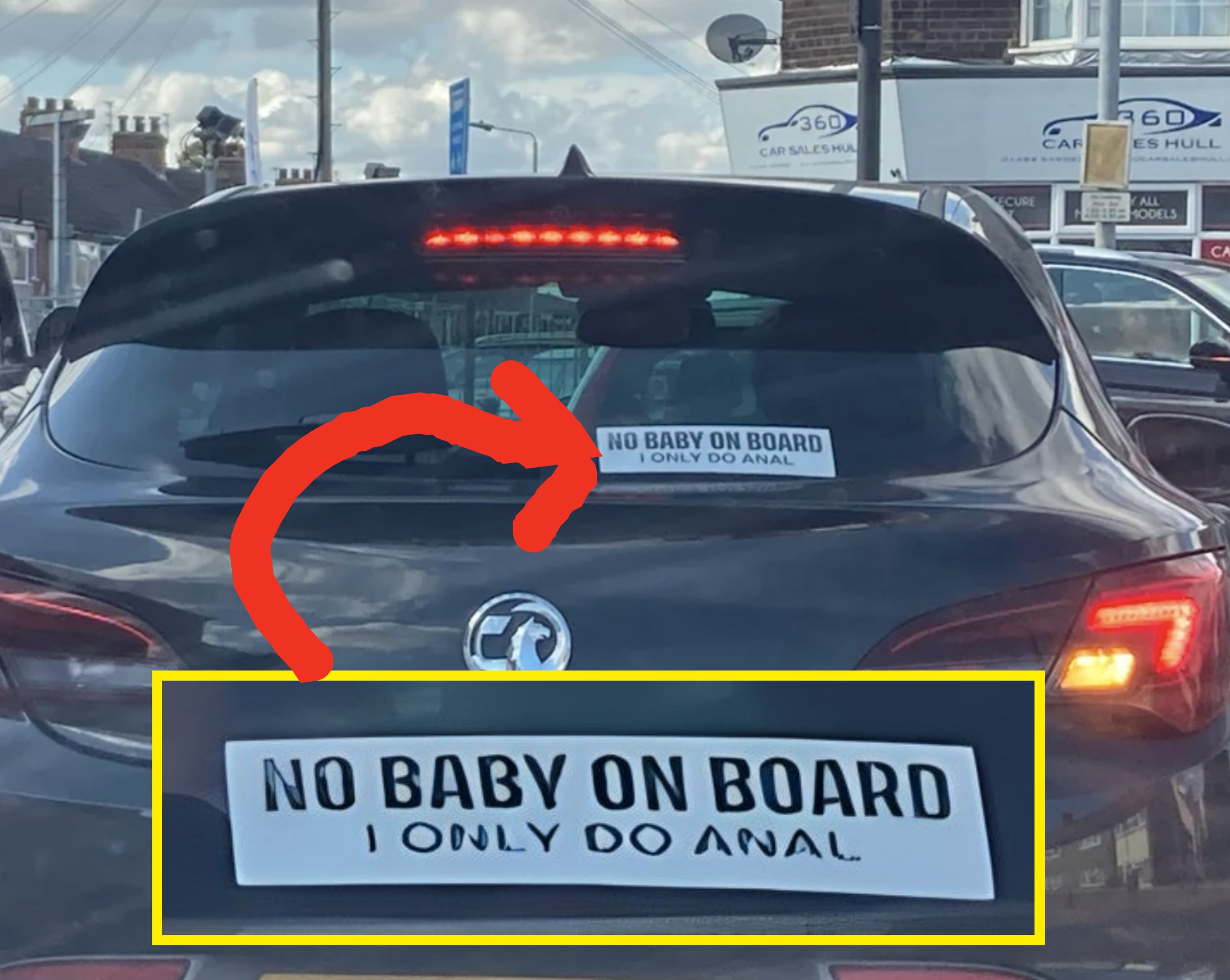 A bumper sticker that says "no baby on board, I only do anal"
