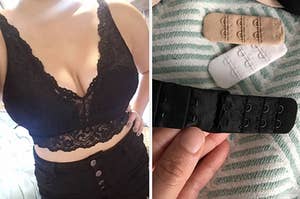 on left: reviewer wearing black lace bralette. on right: reviewer holding black bra extenders