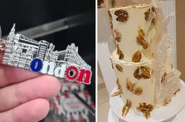 pin says "Ondon" instead of London, and a wedding cake covered in brown smears
