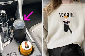A mini trash can inside the reviewer's car and a Buzzfeeder wearing a Princess Diana sweatshirt