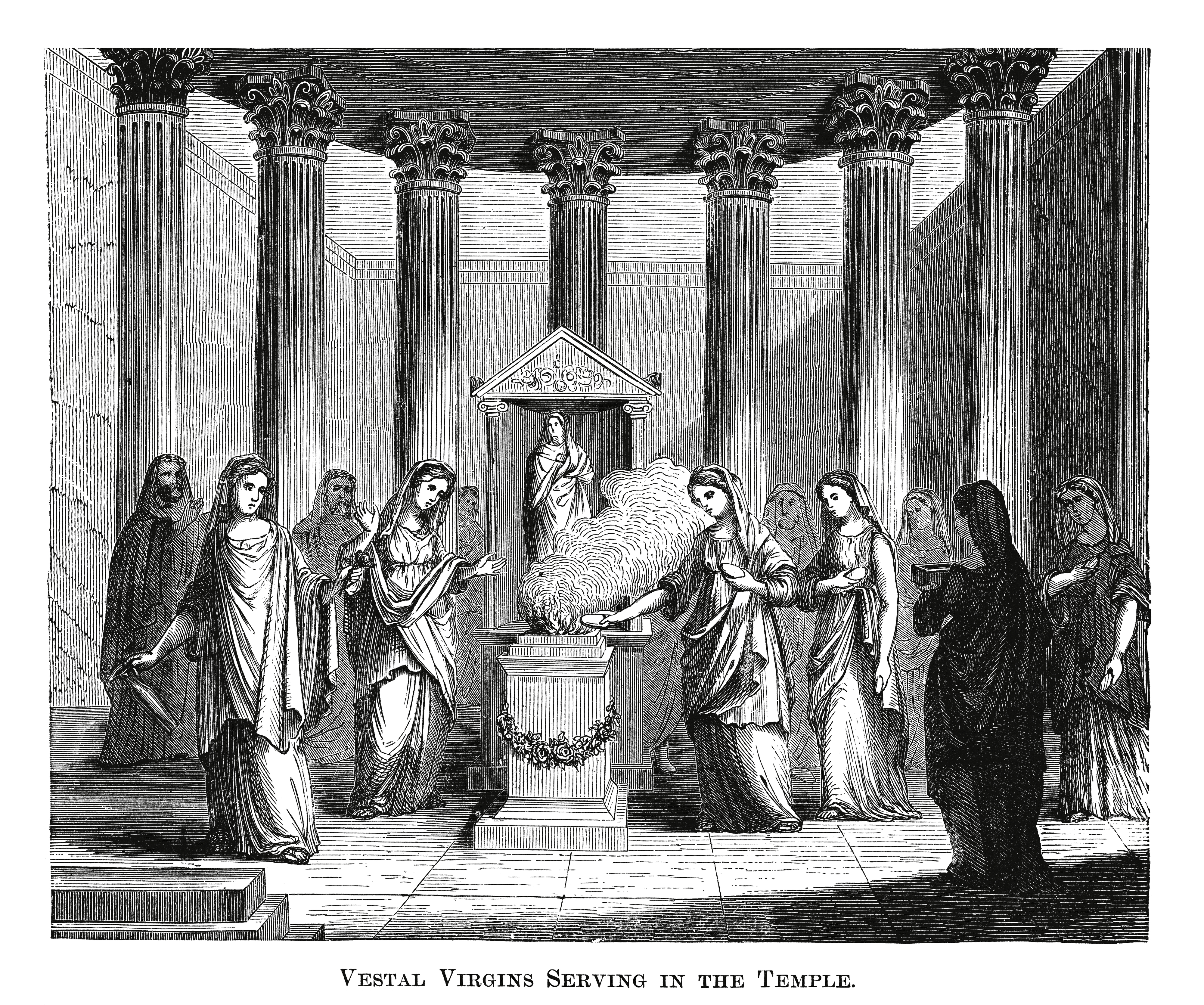 drawing of the vestal virgins gathered around a fire