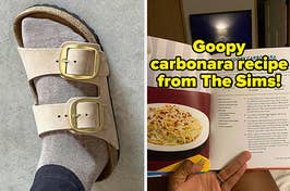 L: reviewer wearing gray socks with tan Birkenstock sandals R: reviewer holding open a cookbook showing the recipe for Goopy carbonara from The Sims games