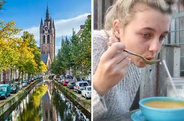 On the left, a canal in Delft in the Netherlands, and on the right, Emma Chamberlain slurping up soup