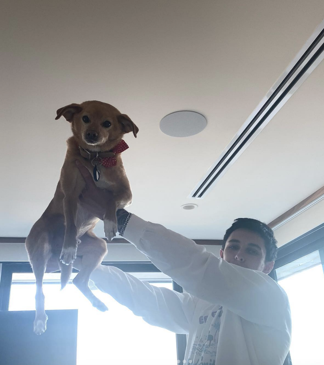 Dalton holding a dog in the air