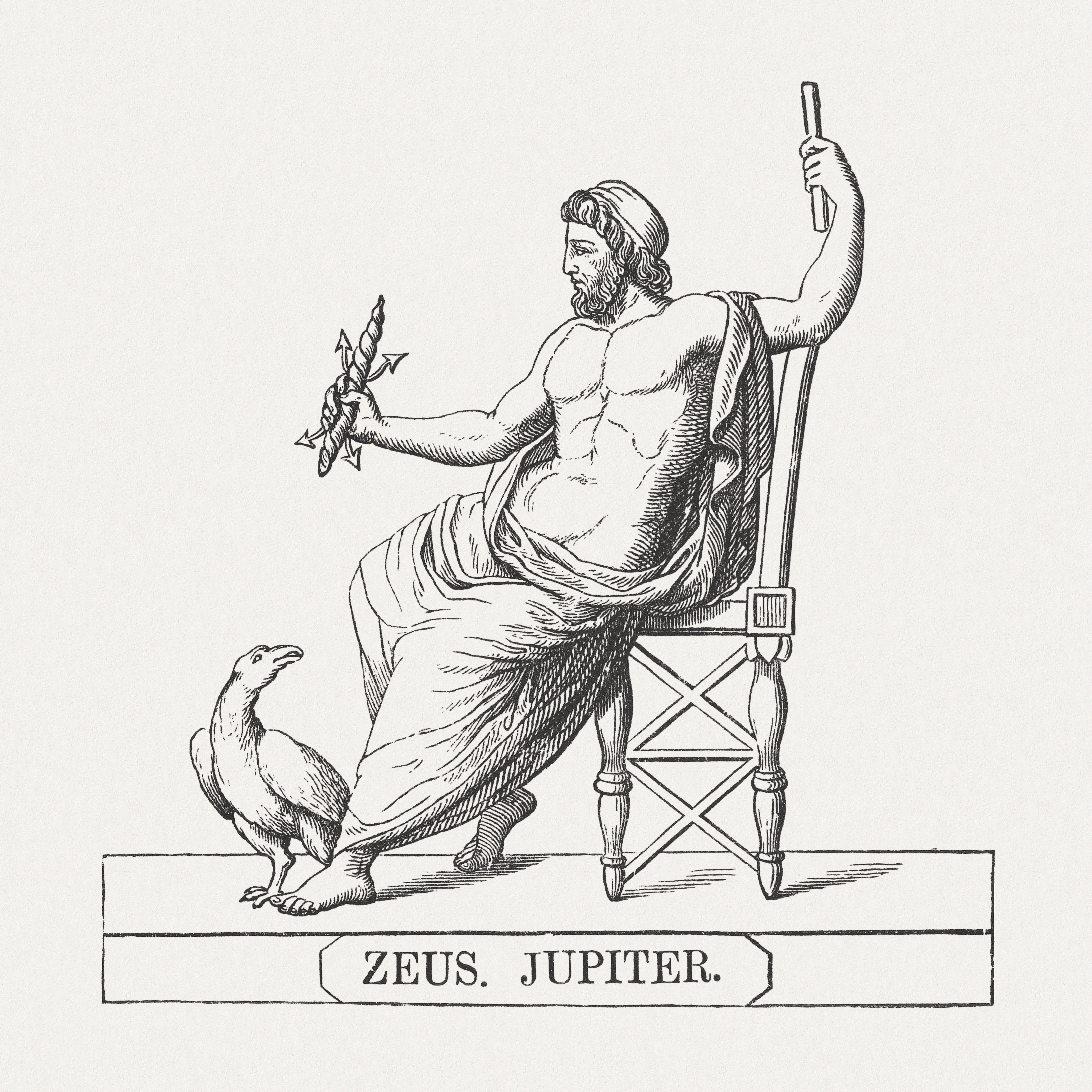 drawing of a god sitting in a chair as a bird looking up at him labeled zeus, jupiter