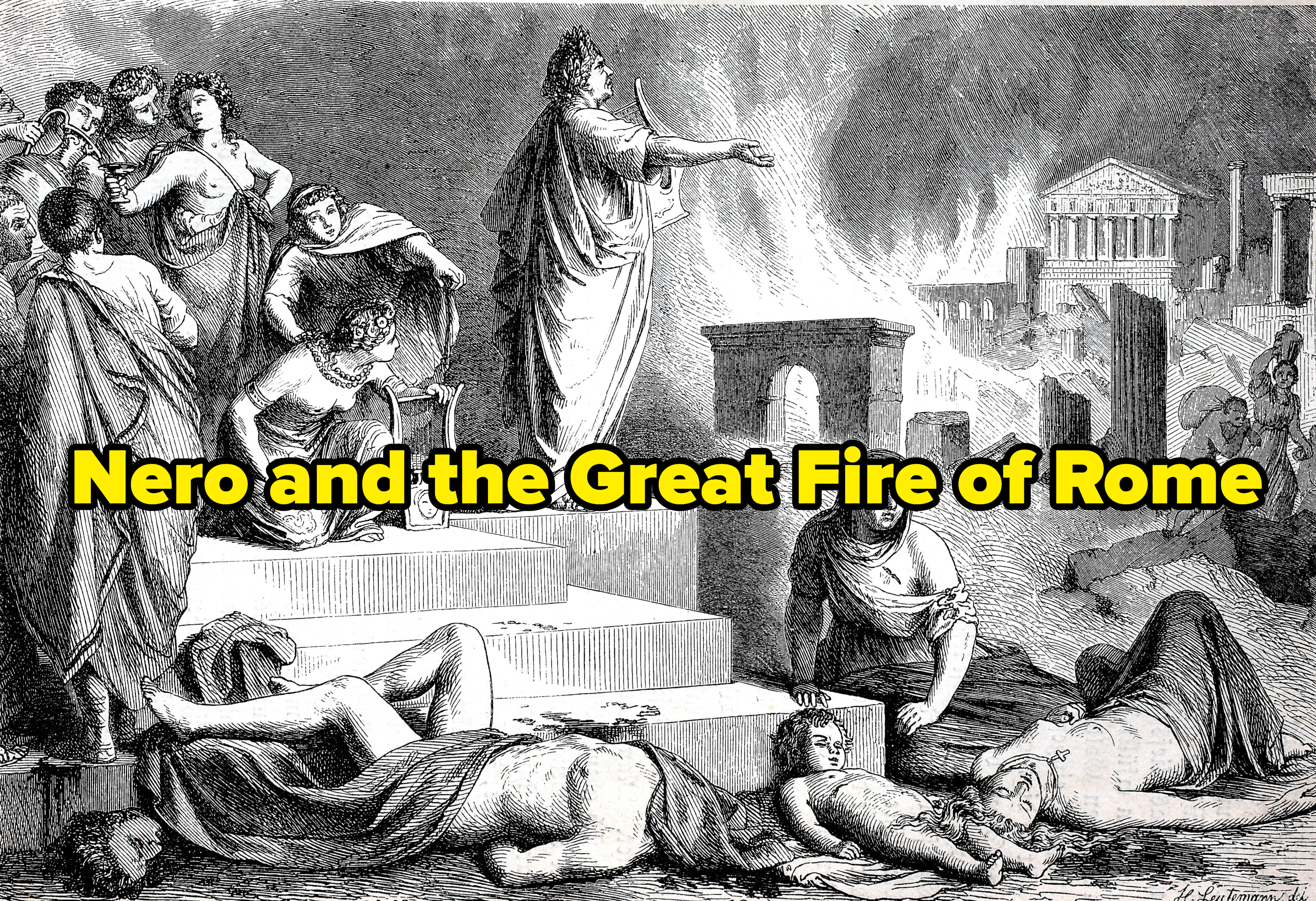 nero standing with a crowd of romans behind him as the city burns