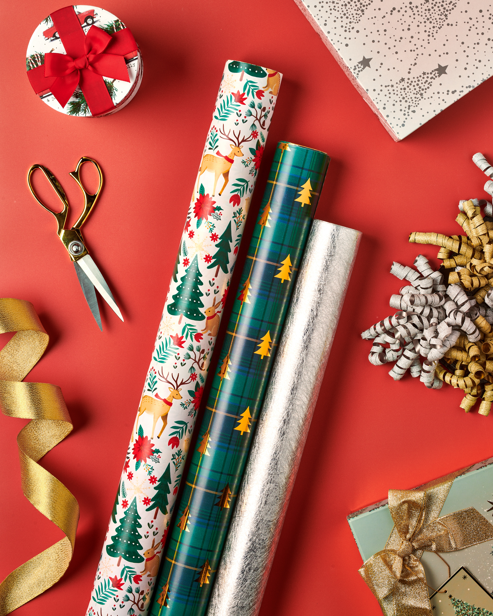Holiday wrapping paper and bows