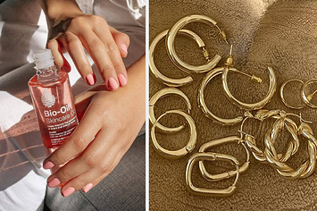 model holding a bottle of bio-oil; six sets of gold-plated hoop earrings