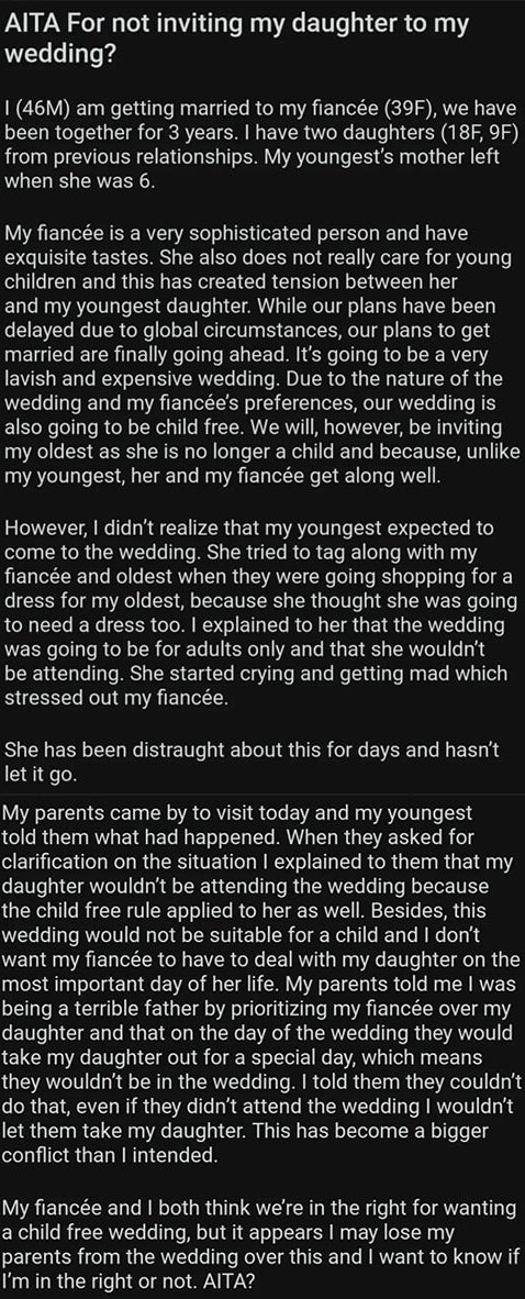 &quot;AITA For not inviting my daughter to my wedding?&quot;