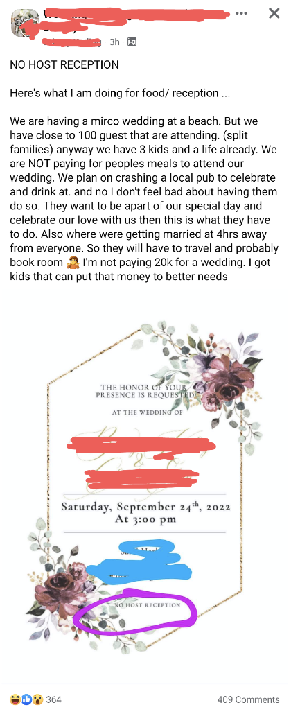 A social media post says they will be requiring their wedding guests to travel four hours away and spend money on hotel, food, and drinks, and they don&#x27;t feel bad about it