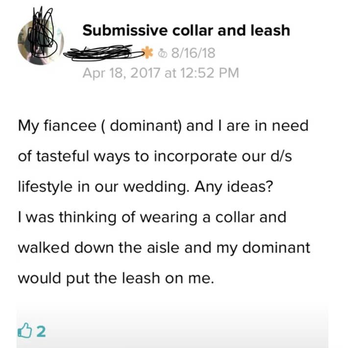 A bride-to-be asking for recommendations of how to incorporate their S&amp;amp;M lifestyle into their wedding, with a suggestion of her wearing a collar and her husband putting a leash on her