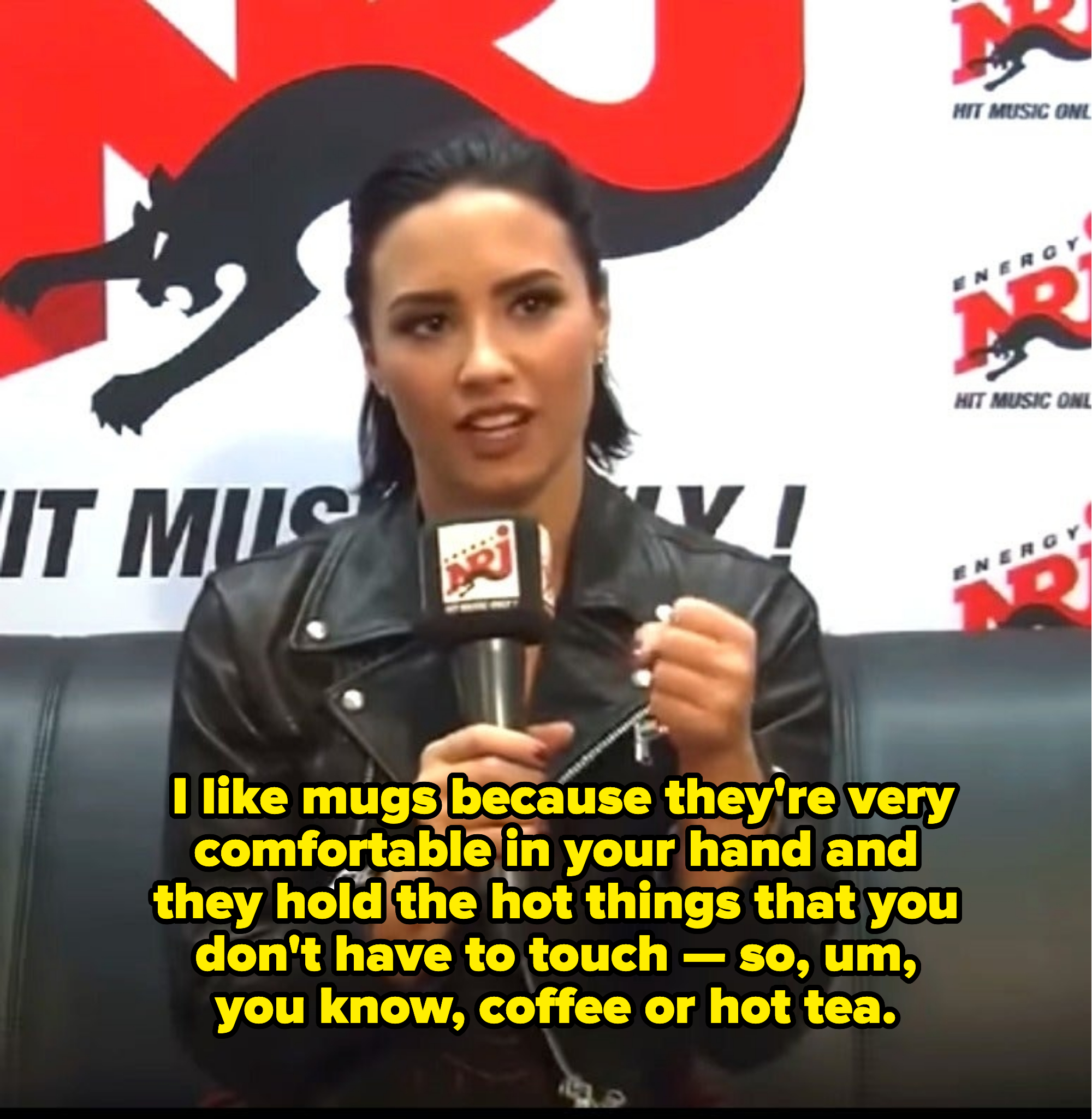 Demi&#x27;s response says &quot;I like mugs because they&#x27;re very comfortable in your hand and they hold the hot things that you don&#x27;t have to touch&quot;