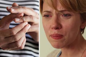 person removing a wedding ring, next to scarlett johansson crying