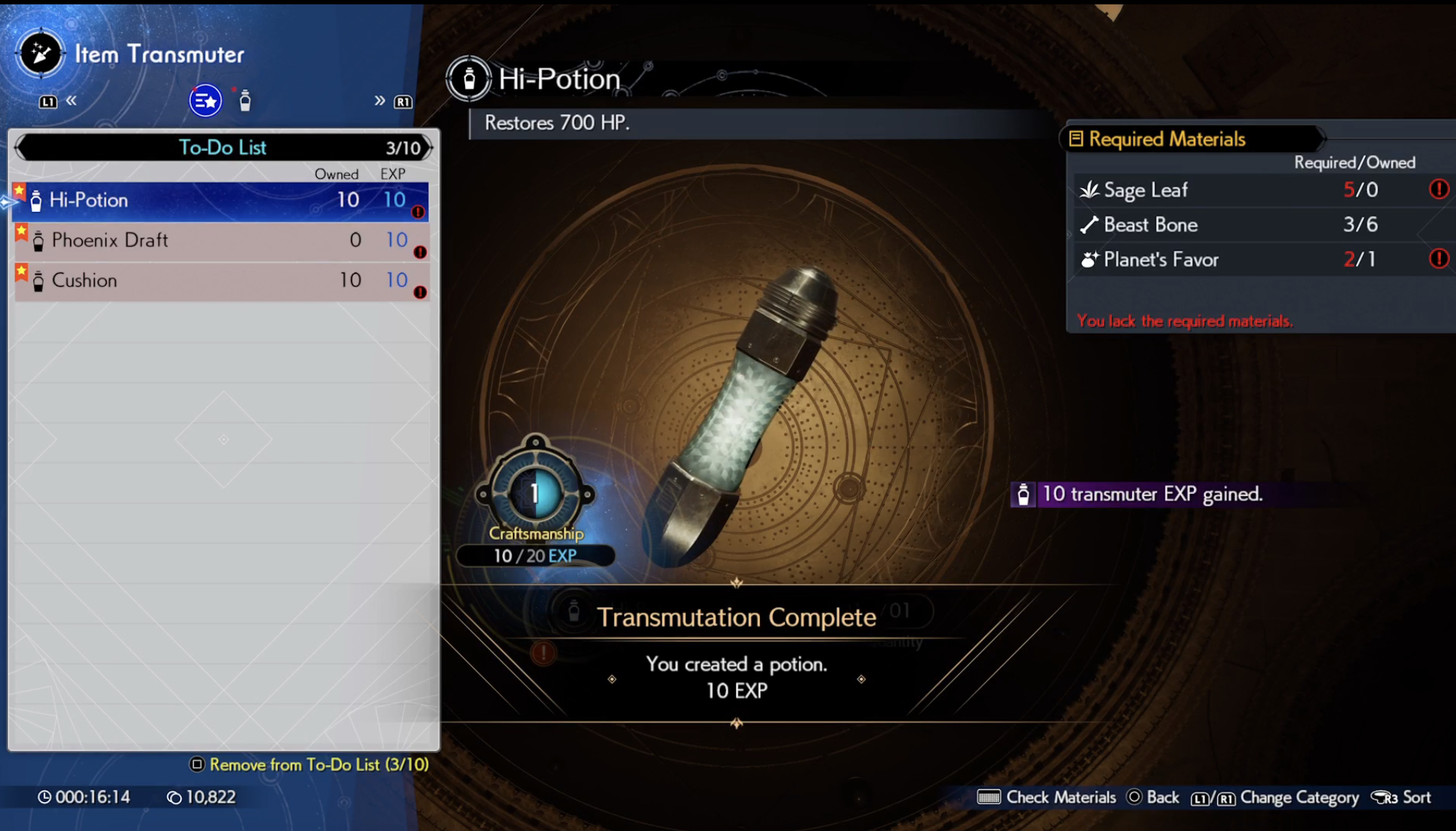 A screenshot of the item crafting menu where you can transmute potions and other items