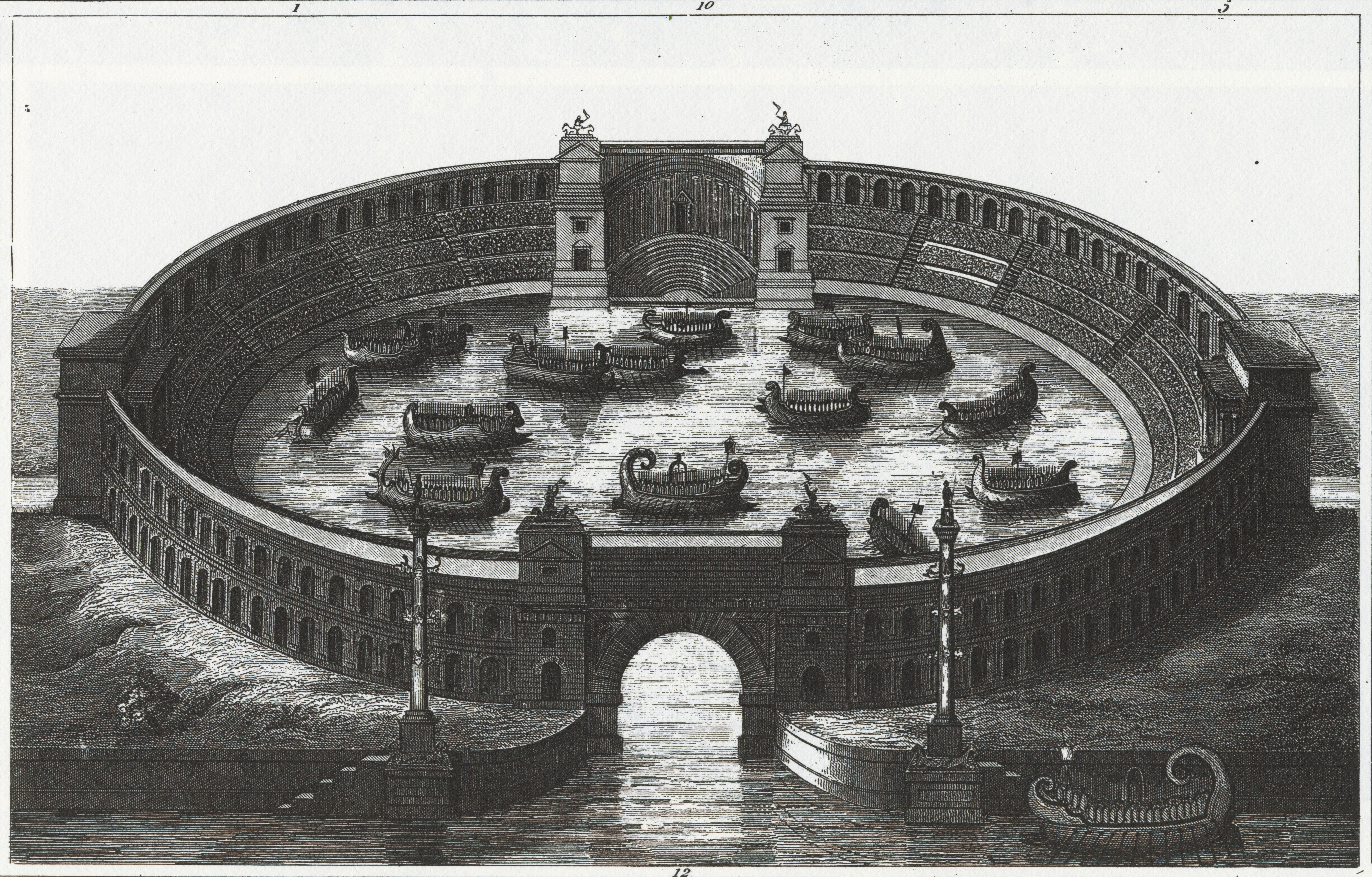 old drawing of the colloseum with boats inside