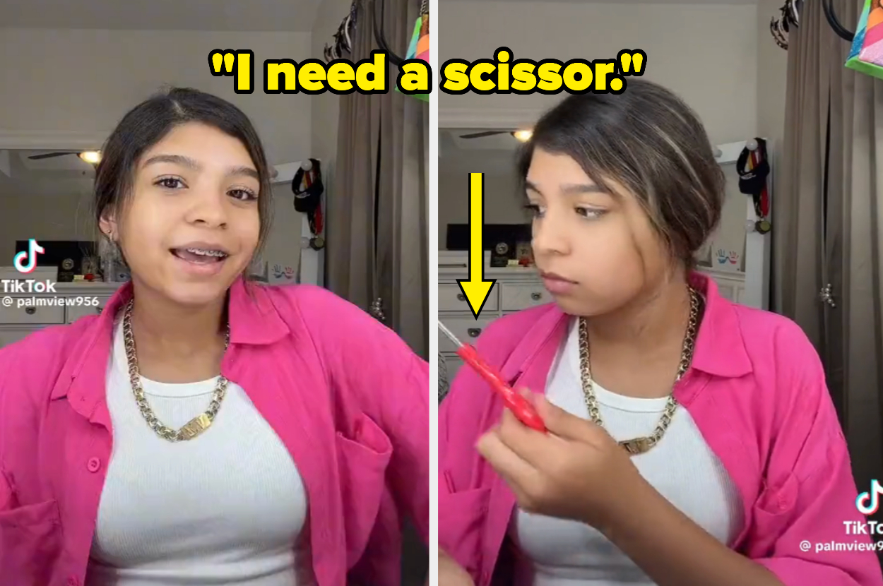 Valentina giving scissors to her younger sister with caption &quot;I need a scissor&quot;