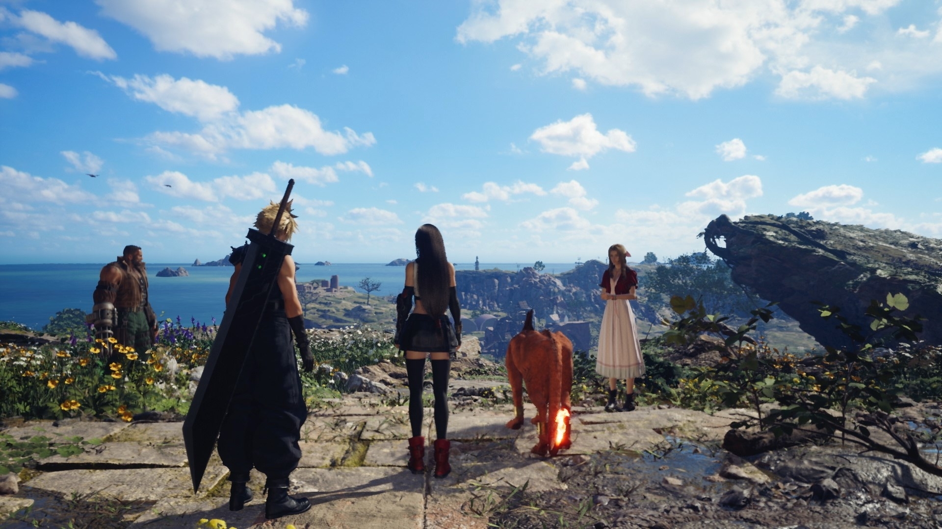 Cloud, Tifa, Aerith, Red 13, and Barrett standing on a cliff overlooking the open world