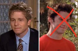 On the left, Logan from Gilmore Girls, and on the right, Jess from Gilmore Girls with an x drawn over his face