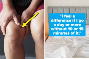 a woman's knee; an unmade bed