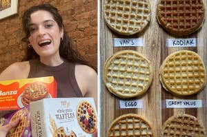 claudia posing with boxes of waffles and several toasted waffles on a cutting board