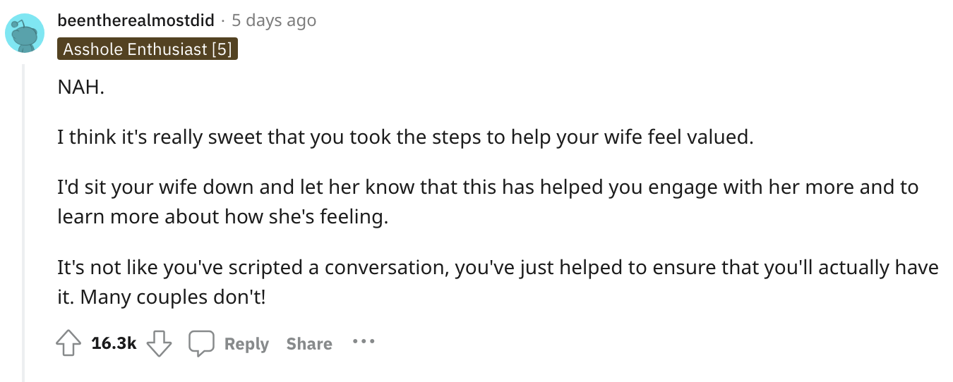 &quot;I think it&#x27;s really sweet that you took the steps to help your wife feel valued.&quot;