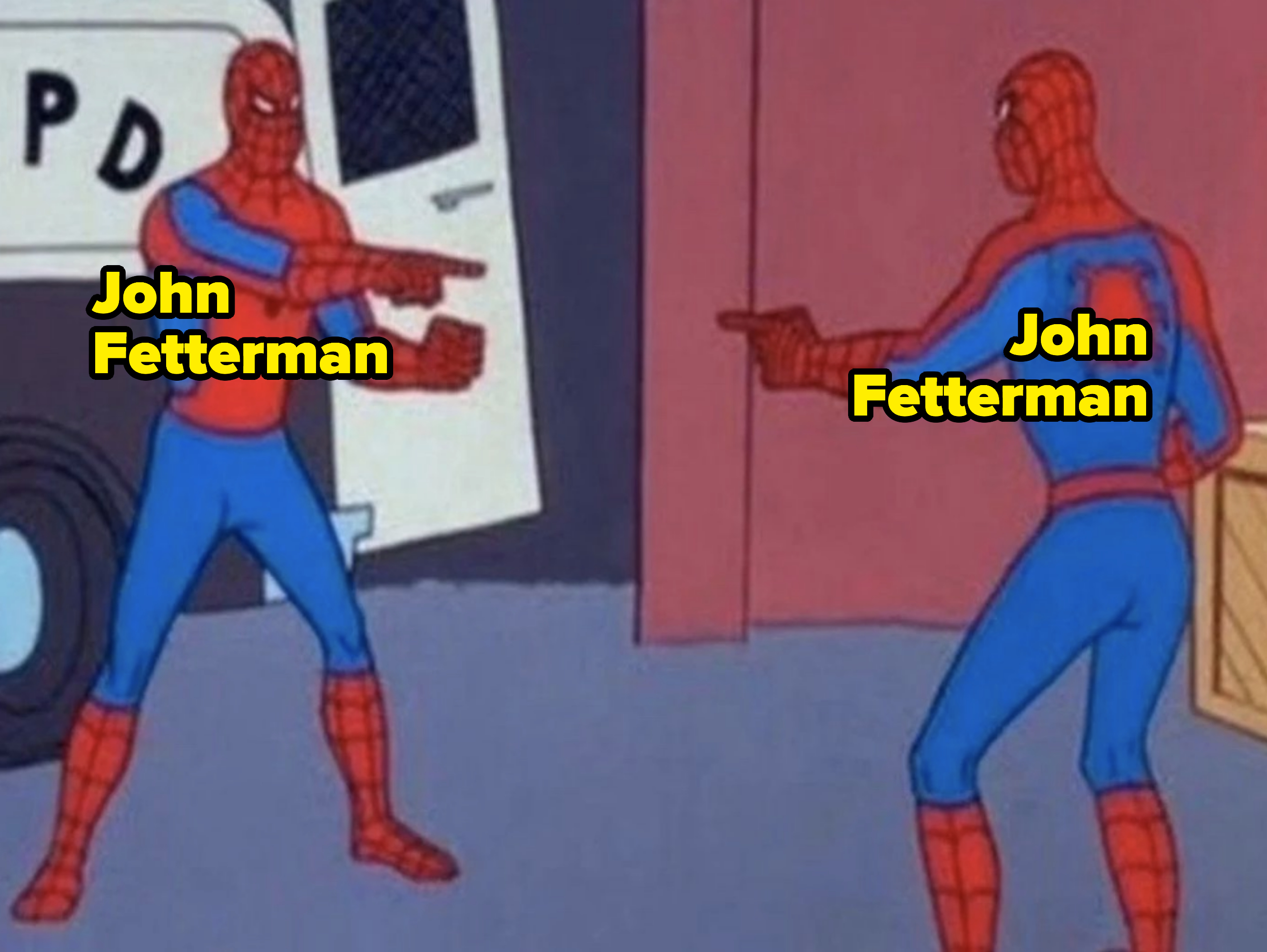 Two Spider-Men pointing at each other and saying &quot;John Fetterman&quot;