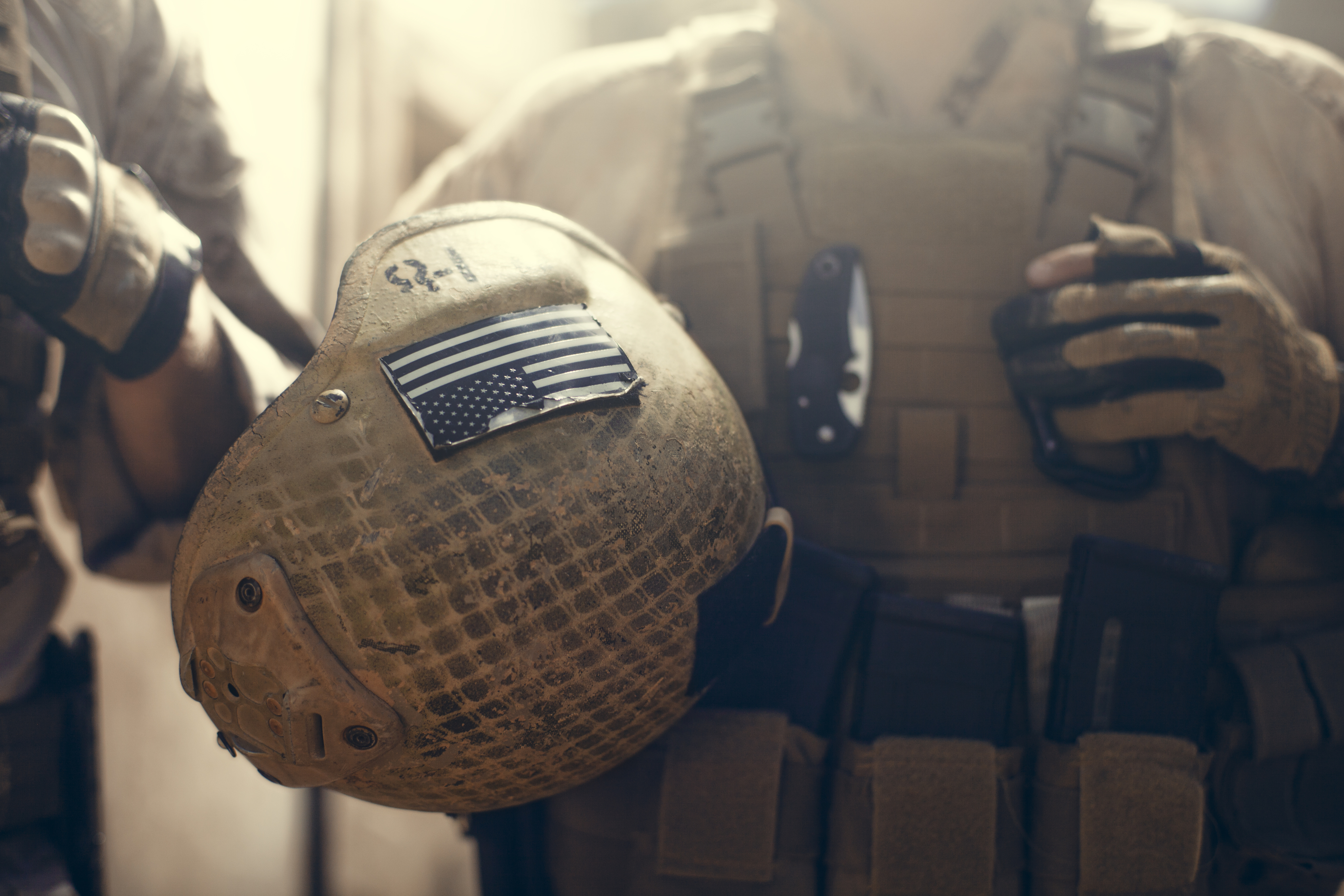 An American flag on a Marine&#x27;s helmet