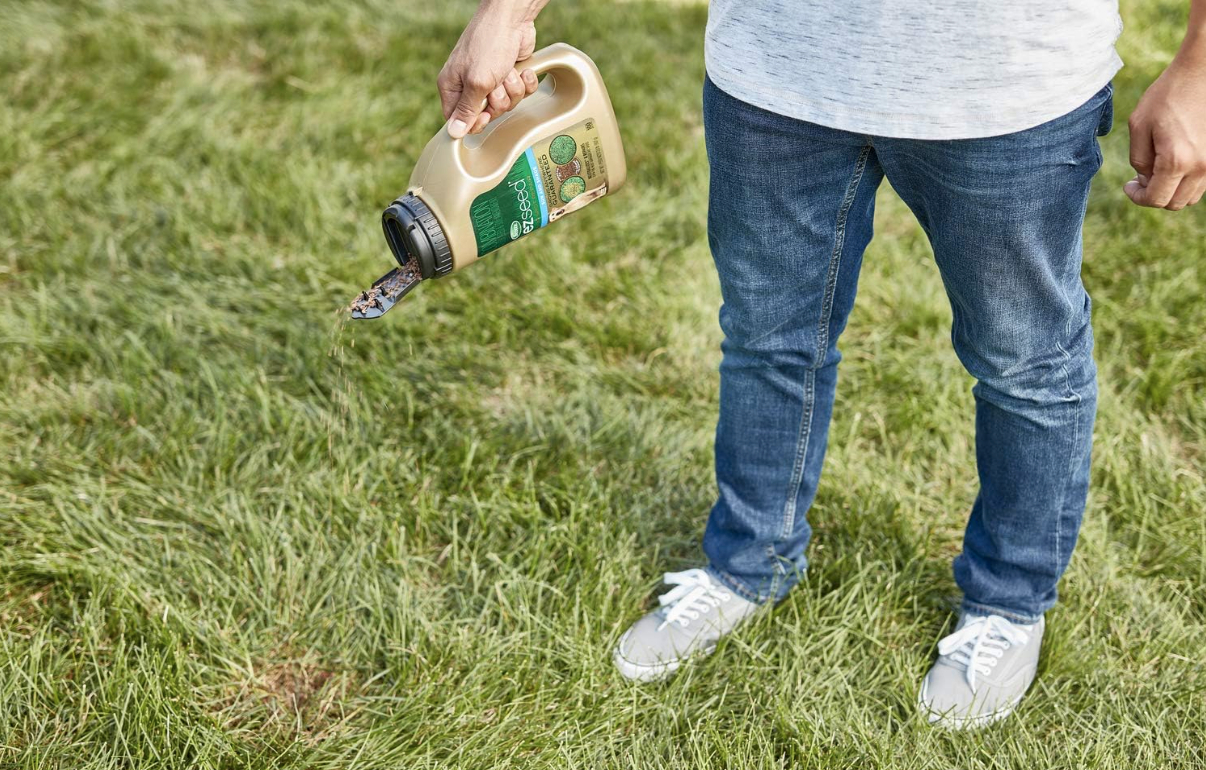a man holding a container of grass seed and pouring it on his lawn