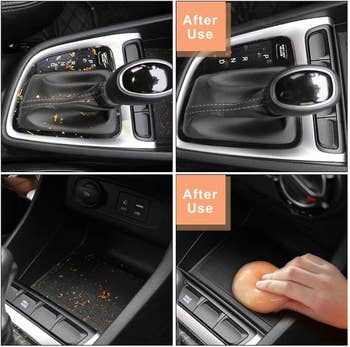 A before and after using the cleaning putty inside a car